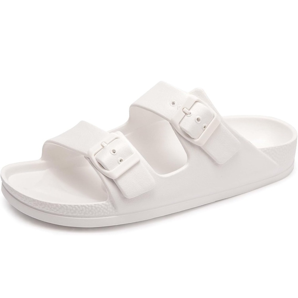 Women Comfort Slides Double Buckle Adjustable EVA‎ Flat Sandals White 7